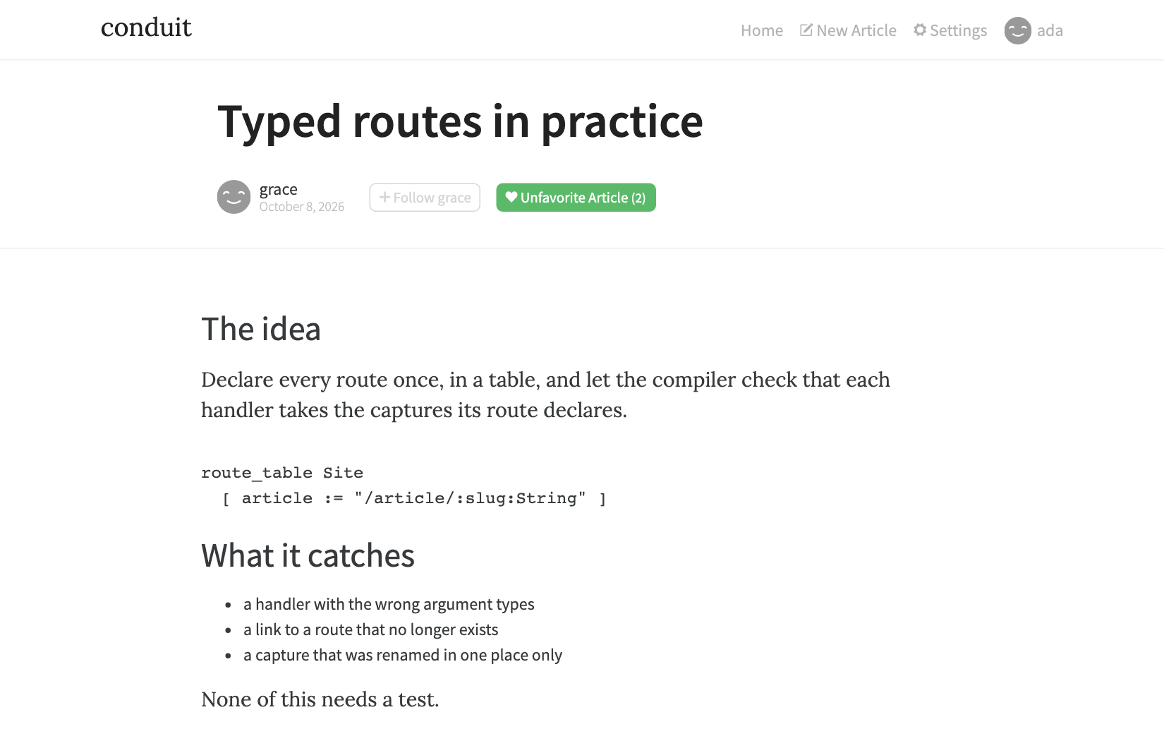 An article page. The body is Markdown rendered by lean-markdown, and the follow and favorite buttons update in place through Datastar.