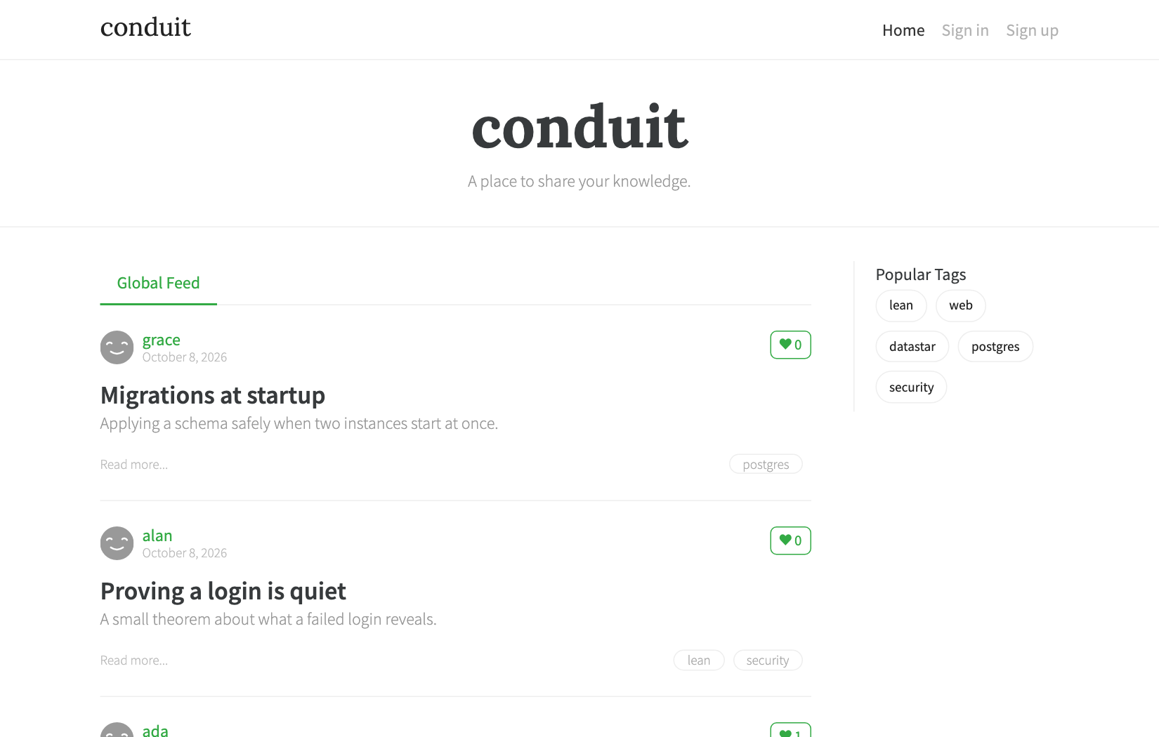 The home page, rendered on the server by Lean.